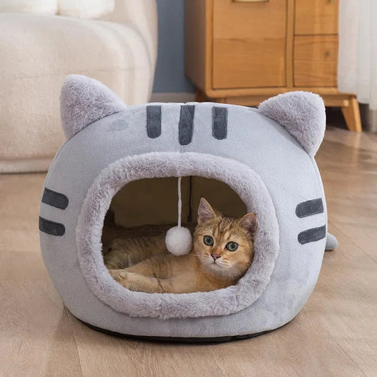 Herbst- und Winter Haustierzelt – Halbgeschlossenes Katzenbett und Kleines Hundehäuschen | Warmes Kuschelnest mit Weicher Matte