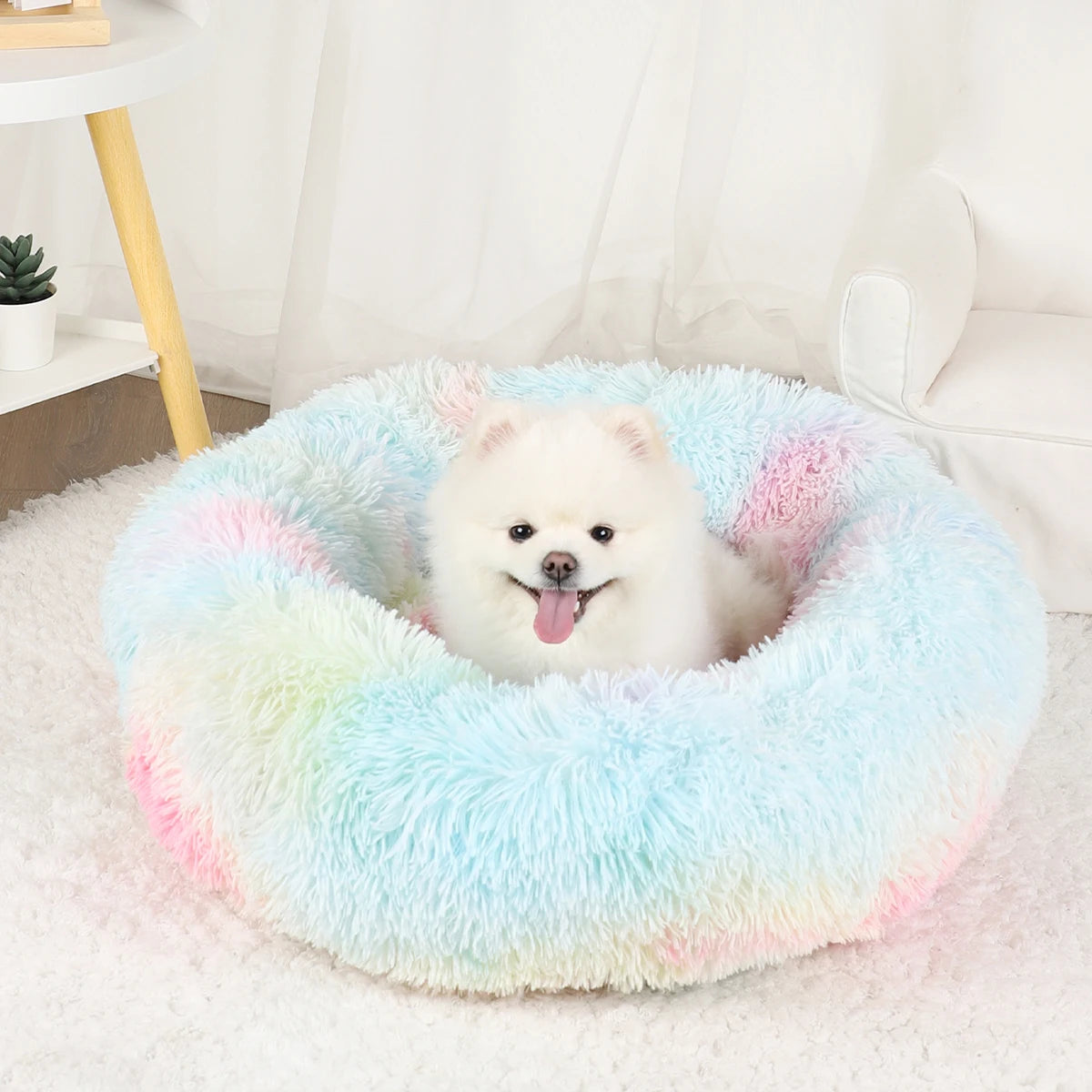 Großes Donut Hundebett – Flauschiges Rundes Winter Plüschbett für Kleine, Mittlere & Große Hunde | Weiches Kuschelkörbchen für Welpen & Katzen